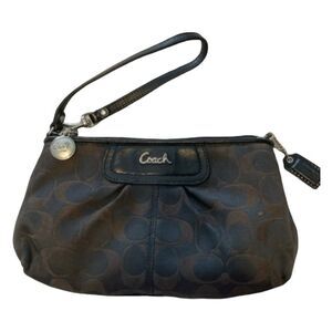 Coach Signature Logo Sufflette Clutch Wristlet Brown Black Canvas Wool Wallet